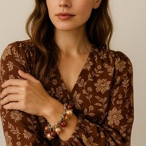 Vintage Cha Cha Charm Bracelet Gold Tone Faux Pearl Amber Glass 7.5 Boho